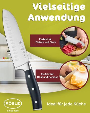 Кухонний ніж RÖSLE Santoku 17,5 см з куленшліфом, ергономічна ручка, для м'яса, риби та овочів, японська форма леза, преміум якість
