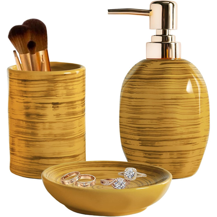 Набір для ванної кімнати на 3 частини, органайзер для ванної з кераміки - тримач для зубних щіток, дозатор мила, мильниця, стильна декор у стилі бохо, аксесуари для ванної кімнати (текстура мармуру, колір Drum-Yellow)