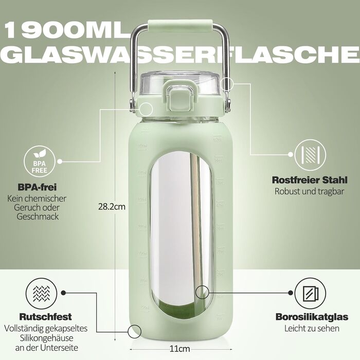 1900ml Glass Drinking Bottle with Straw and Stainless Steel Handle, Glass Water Bottle with Silicone Sleeve and Time Marker, Monitoring Your Daily Water Bottle 2 Liter, Light Green
