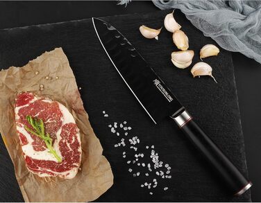 Кухонний ніж Santoku YOUSUNLONG 18 см з японської сталі AUS8, чорне титанове покриття, рукоятка з ебенового дерева