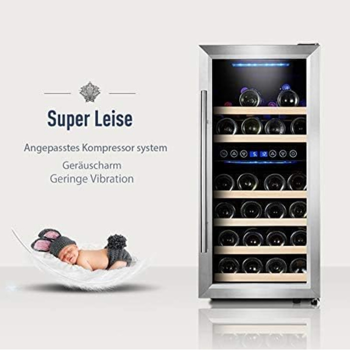 Kalamera 33-Bottle Wine Refrigerator with Dual Zone Cooling, Stainless Steel Door, 100 Liter Capacity