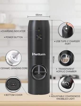 Електрична млин для перцю та солі MERTTURM з LED підсвіткою, керамічним механізмом та регулюванням помелу