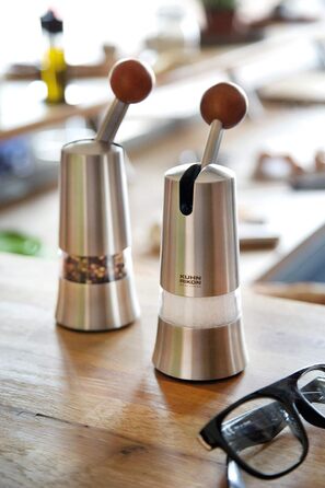 KUHN RIKON Salt and Pepper Mill made of Stainless Steel, Ratchet Spice Mill Manual, Silver, Adjustable Ceramic Grinder, Ergonomic Handle