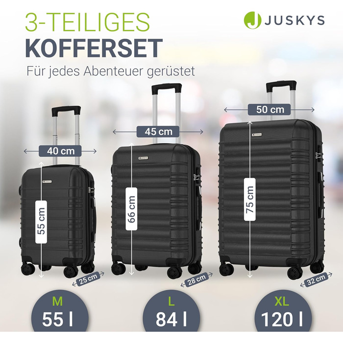 Набір валіз Juskys Hartschale 4 шт. з кодовим замком, тихі колеса 360°, телескопічна ручка, легкі - Чорний колір