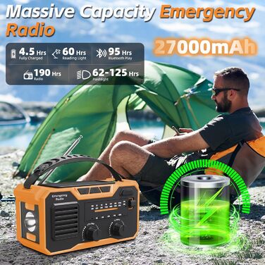 Радіо-зарядний пристрій Kurbelradio на 27000mAh з сонячною панеллю, FM/AM, Bluetooth 5.3, SOS-сигналом, компасом та ліхтариком для надзвичайних ситуацій та виживання на природі (зелений, оранжевий)