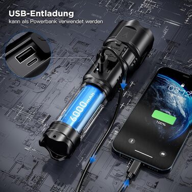 Esgofo LED ліхтарик надяскравий 500000 люмен USB-C, тактичний, багатофункціональний, з великою дальністю, акумуляторний, міцний, для туризму, кемпінгу