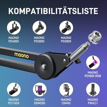 Кріплення для мікрофону MAONO BA37, регульоване, з адаптером 3/8'-5/8', сумісне з Blue Yeti, HyperX QuadCast, FIFINE, для подкастів та стрімінгу, чорне