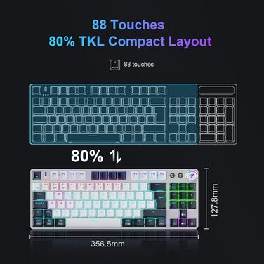 Механічна ігрова клавіатура TECURS бездротова 80% TKL з підсвічуванням, Red Switch, QWERTZ, для ПК, ноутбука, Windows, чорно-біла