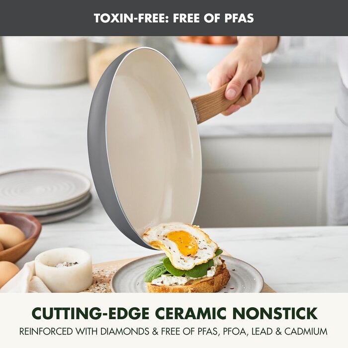 Набір посуду GreenPan Rio Essence Wood 10 предметів: керамічне антипригарне покриття, індукція, силіконові кришки, дерев'яні ручки, сірий