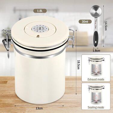 Герметичний контейнер для кави з нержавіючої сталі 1,8л з випускним клапаном, Vorratsdose для кавових зерен, горіхів, какао (Бежевий/Білий)