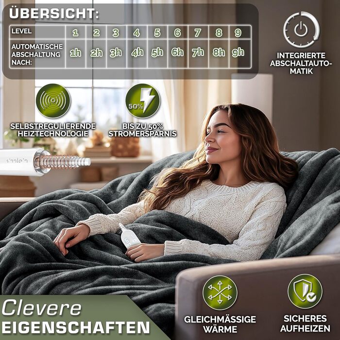 Електрична ковдра Sinnlein® з плюшем 200 x 180 см сірого кольору | з автовимкненням, таймером, 9 температурними режимами, цифровим дисплеєм та можливістю прання до 40°C
