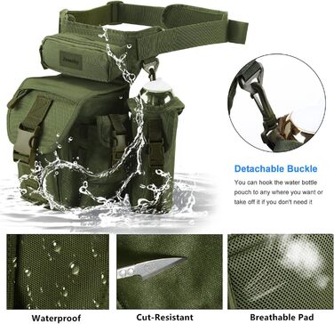 Тактична нагрудна сумка на ногу Jueachy, водонепроникна, для риболовлі, туризму, військових, з кишенею для пляшки (зелена)
