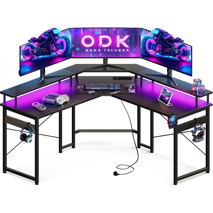 Ігровий стіл ODK 129x129 см з LED підсвіткою, розетками і USB, комп'ютерний стіл з великою полицею для монітора, карбон, чорний
