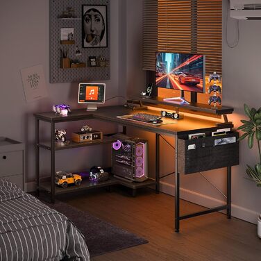 Ігровий стіл L-подібний Coleshome з LED-підсвічуванням та розетками, 120x80 см, з полицею, чорний, для офісу/робочого кабінету