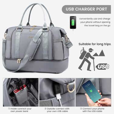 Спортивна сумка LOVEVOOK для подорожей, жіноча дорожня сумка-мішок, Weekender з косметичкою, відділенням для взуття та мокрих речей, водонепроникна, 37L, сіра