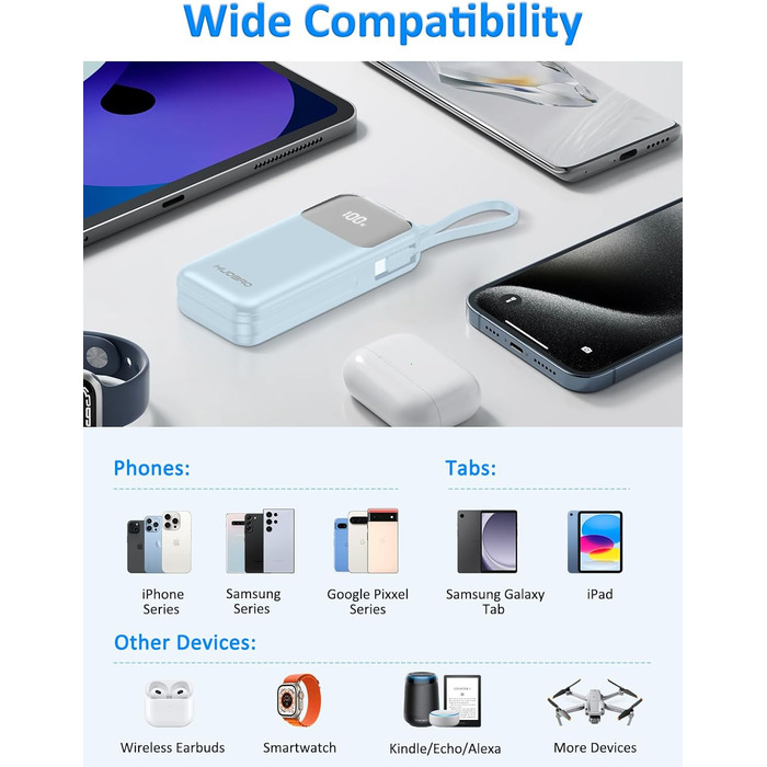 Power Bank 10000mAh з USB-C кабелем, PD 35W, LCD дисплей, для iPhone, Samsung, iPad та інших пристроїв (Блакитний)