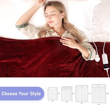 Електрична ковдра Qieryun з автовимкненням, 130x180 см, 10 режимів нагріву, таймер 8 годин, захист від перегріву, флісова ковдра, пральна машина, для дому та офісу (червона, 150 x 180 см)