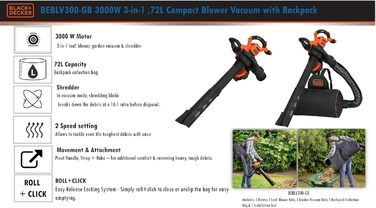 BLACK+DECKER 3-в-1 акумуляторний садовий пилосос-видувка 3000 Вт з подрібнювачем, рюкзаком-мішком 72 л, регульованою потужністю, для терас і доріжок (BEBLV300)