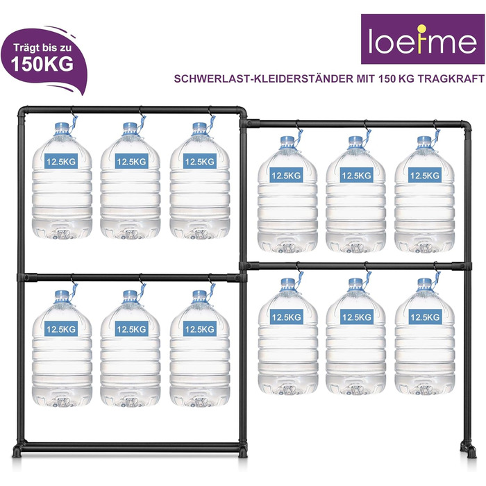 Міцна вішалка для одягу LOEFME з обертовими бічними панелями, металева стійка для одягу з полицею для зберігання, чорного кольору, 150 кг вантажопідйомність
