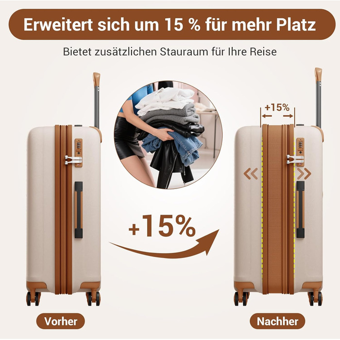 Великий валіза KONO з підсклянником, жорсткий корпус, легкий, поліпропілен, розширюваний, 4 колеса, TSA-замок, чорний/коричневий (кремовий/коричневий), XL