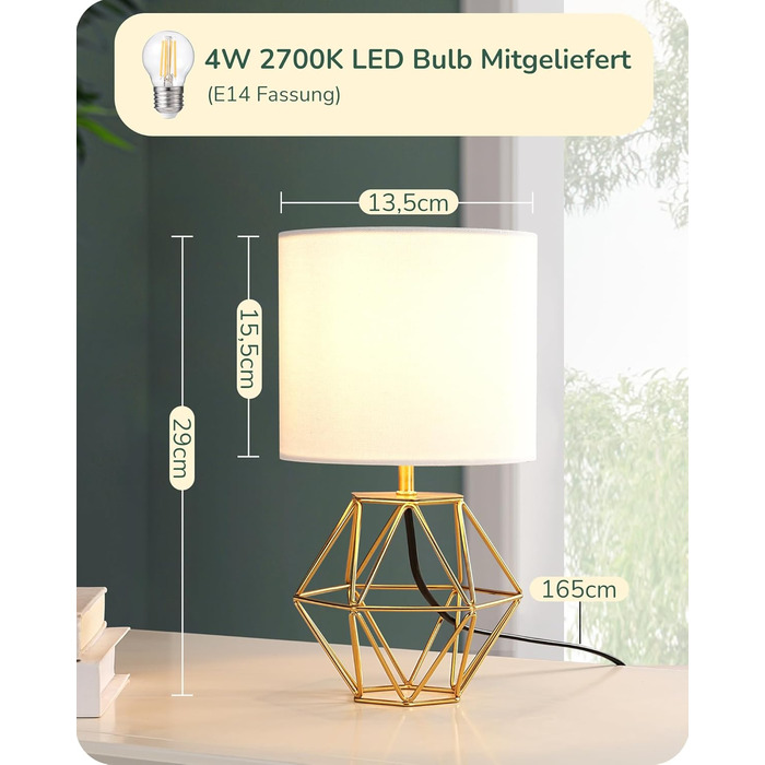 EDISHINE Настільна лампа, сучасний індустріальний дизайн, цоколь E14, вінтажний стиль, для спальні/вітальні, білий/золотий лін, золото