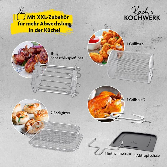 Цифрова аерофритюрниця Rachs KOCHWERK 12 л з комплектом аксесуарів XXL, духовка, гриль, фритюрниця з оглядовим вікном і сенсорним екраном, без масла, 10 програм, таймер, чорна