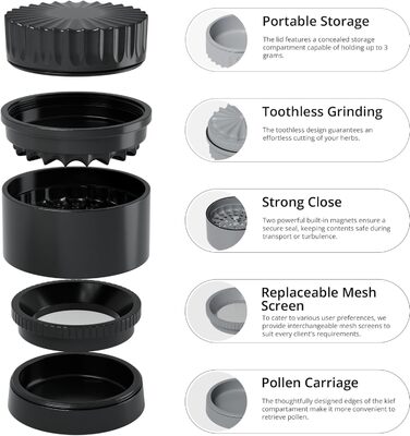 Toothless Herb Grinder Ø 63 mm | Nano-ceramic coated for effortless grinding | 5-piece with built-in storage container in the lid (Black)