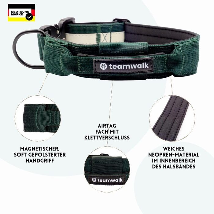 Teamwalk® Преміум нашийник для собак - з магнітною ручкою, світловідбиваючими смугами, кишеню для AirTag, індивідуально регульований, з м'якою підкладкою, міцною застібкою, з відповідним поводом, тепер ще легший (M) нашийник M(4см) Лісовий зелений