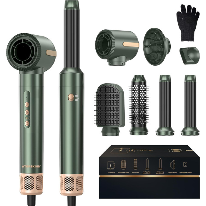 Atopskins Hairstyler: Фен-щітка 7-в-1 для створення зачісок, 110000 RPM, з іонізацією, дифузором, локонами, об'ємом, випрямленням, для волосся, зелений