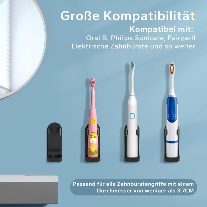 Двоматричний електричний тримач для зубних щіток HOMMAND для кріплення на стіну, чорний (2 шт.)