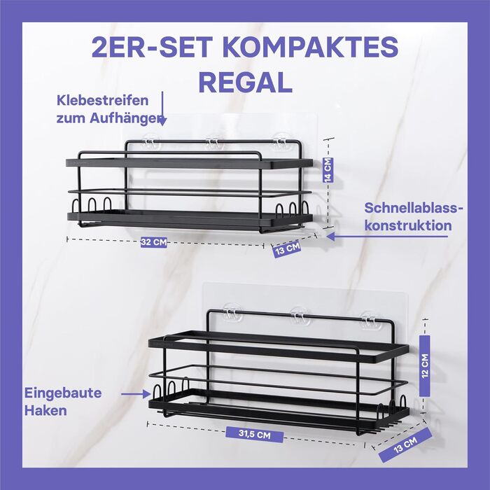 Дзеркальна поличка для душу KINCMAX з нержавіючої сталі без свердління, самоклеюча, з гачками (срібна) – хвиляста, срібна (набір з 2 шт. – пряма, чорна)