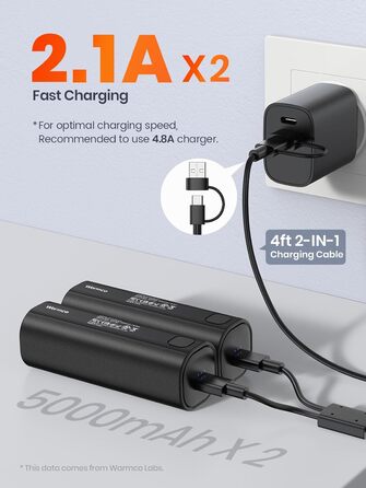 Електричний грієчка для рук Warmco 2 шт., 10000mAh, USB Powerbank, 3 рівні нагріву, для чоловіків та жінок, Outdoor, Гольф, кемпінг, чорний