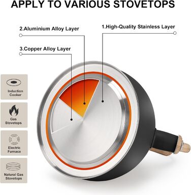 Чайник для плити Vegoran 3 л з дзвінкою свисткою, з нержавіючої сталі з дерев'ястим декором, з кришкою-засувкою, для чаю, кави, молока (зелений, чорний)