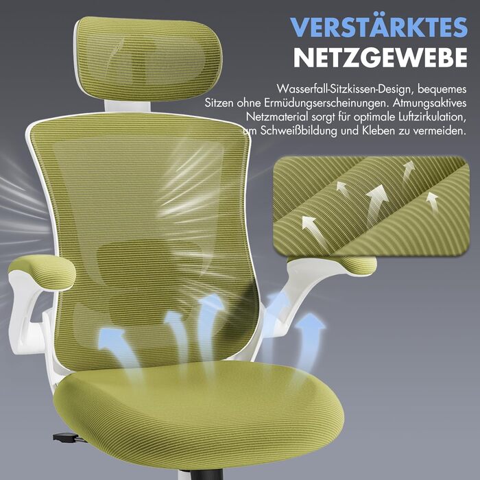 Офісне крісло Colamy з ергономічною підтримкою спини, регульованою підголівником та поперековою підтримкою, поворотне, (Зелений, Classic)