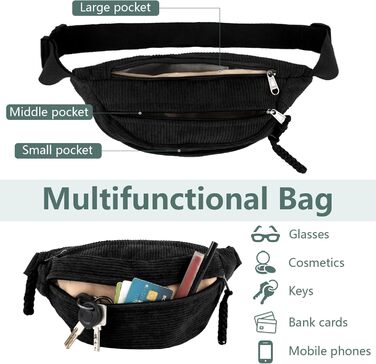 Жіноча сумка через плече, поясна сумка, сумка кросбоді з корду, стильна та практична нагрудна сумка, сумка на пояс, на стегно, для спорту, подорожей, бігу, школи, зелена (чорна)