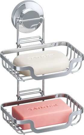 TAILI Shower Soap Dish with Drain and Hook, MAX Holds 5 KG, Stainless Steel Soap Dishes No Drilling Required, Bathroom Soap Holder Wall Mount, Double Soap Holder with Suction Cup, Sponge Holder, Silver