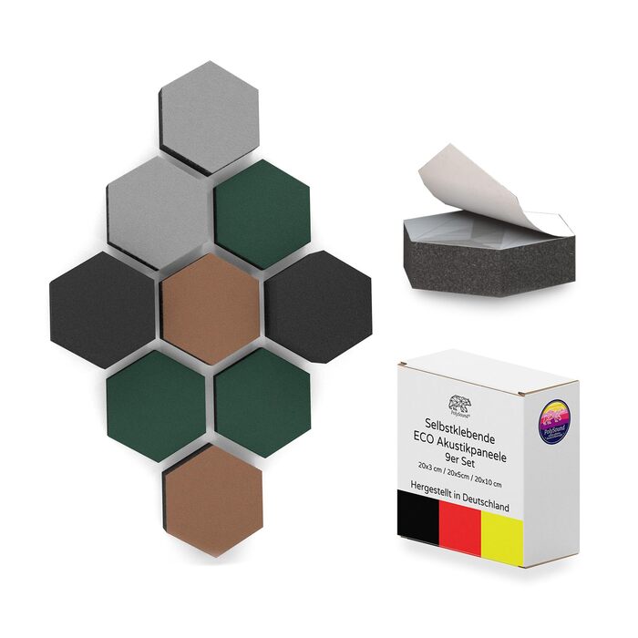 Акустичні 3D-панелі PolySound ECO гексагон, самоклеючі панелі для звукоізоляції офісу, геймерської зони та дому, набір 9 шт (3-10 см), колір Smoky Safari