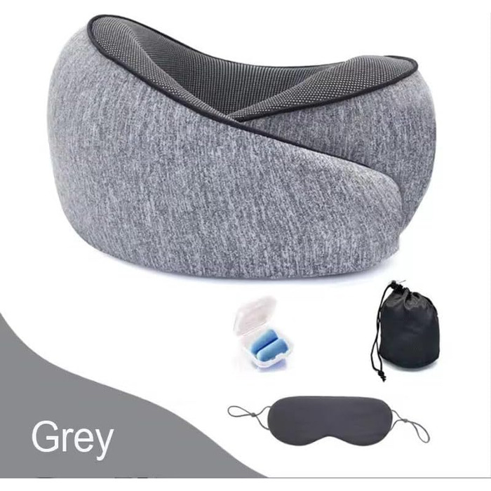 Подушка для шиї з Memory Foam - Ергономічна подушка для подорожей з маскою для очей, навушниками та чохлом (Рожева, Сіра)