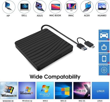 Зовнішній DVD-привід USB 3.0 та Type-C, портативний CD/DVD+/-RW ROM записувач для ноутбука та ПК, сумісний з Windows та Linux