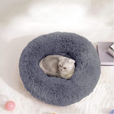 fireowl Donut Dog Bed Large Fluffy: 70cm Soothing Puppy Bed Anti-Anxiety Cat Bed - Plush Pet Bed Round Cozy Washable Gray