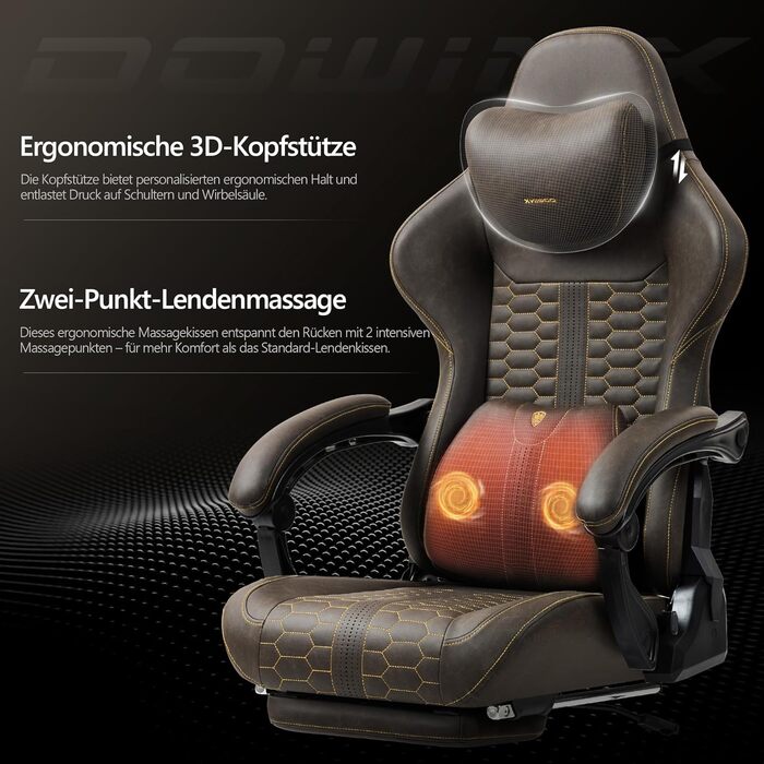 Ігровий крісло Dowinx Big and Tall з масажем попереку, підставка для ніг, ергономічне, PU шкіра, 180 кг (Жовтий)