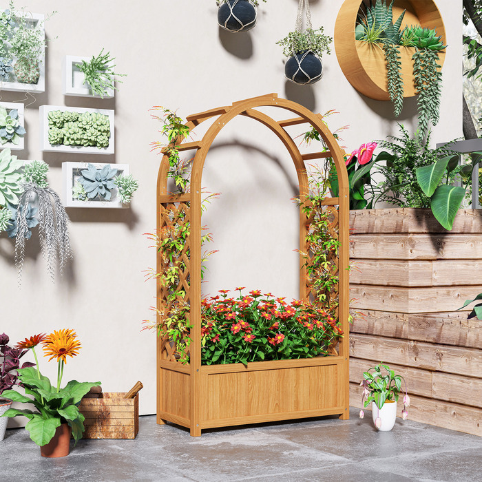 Outsunny Raised Garden Bed Planter with Trellis, Curved Roof Arbor Planter Box Wood, Garden Trellis 83x36x145cm for Garden Balcony Terrace, Flower Pot for Climbing Plants Hanging Plants, Flowers | Aosom