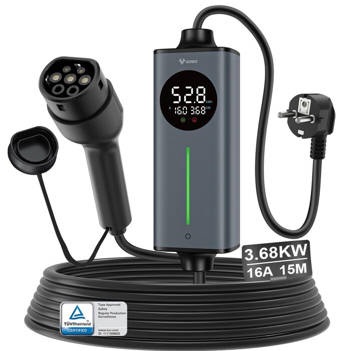 Кабель для зарядки електромобіля GONEO Typ 2 Schuko, 10м, 16A, 3.68 кВт, AC/DC, з захистом FI, таймер, автоматичне заземлення та контроль температури, сертифікований TÜV