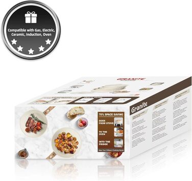 Набір посуду RIOVARM з індукційним дном: каструлі та сковороди з антипригарним гранітним покриттям та знімними ручками, кришки з силікону, бежевий колір