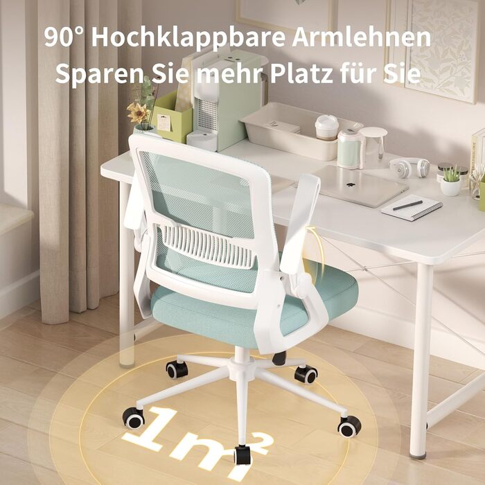 Офісний стіл Naspiro Ergonomischer Bürostuhl, регульований по висоті, з дихаючою спинкою з сітки, відкидні підлокітники на 90° та поперекова підтримка, високощільна піна для дому/офісу (Зелений, без підголівника)