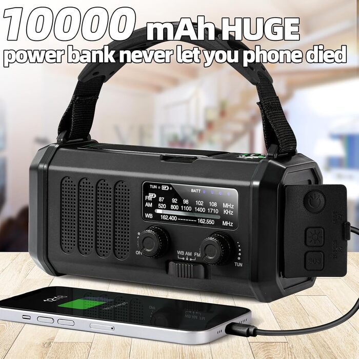 Радіо на ручку з LED-ліхтариком, сонячне, AM/FM, для надзвичайних ситуацій, кемпінгу, чорне