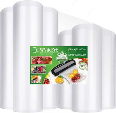 WVacFre 6 Rolls of Vacuum Sealer Rolls (3) 20x600cm and (3) 28x600cm for Food, BPA-Free Vacuum Bags, Sous Vide Bags, and Vacuum Sealer Rolls for Vacuum Sealers and Heat Sealers. Suitable