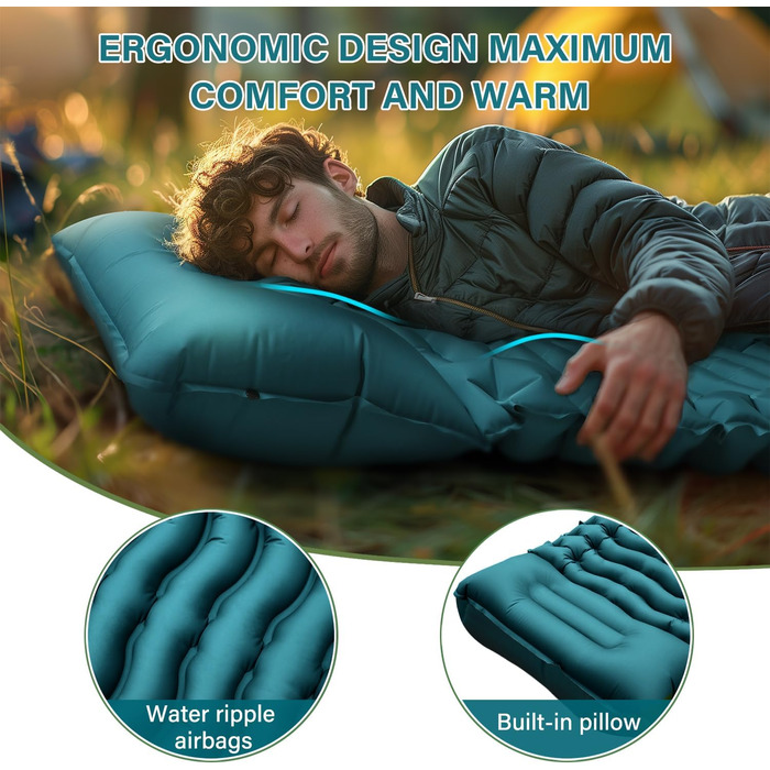 Yuzonc Self-Inflating Camping Mat with Foot Pump & Pillow - Compact & Lightweight Inflatable Sleeping Pad for Outdoor Use (Green & Blue)