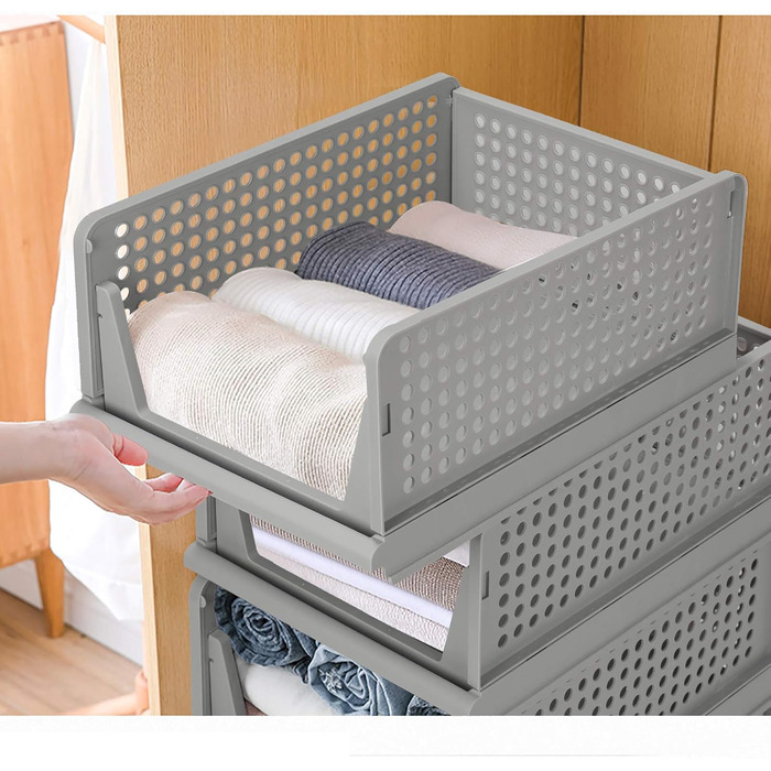4 Foldable Plastic Storage Boxes Shelf Baskets Closet Storage Boxes Foldable Kitchen Drawer Organizers Stackable Storage Boxes Transport Boxes Closet Containers Cube Pull-Out Drawer - Grey