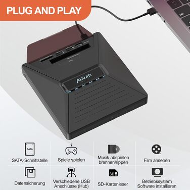 Зовнішній DVD/CD привід Alxum USB-C 3.0 для ноутбука з картридером SD/TF та додатковим USB-портом, Plug & Play для Windows, Linux, Mac OS